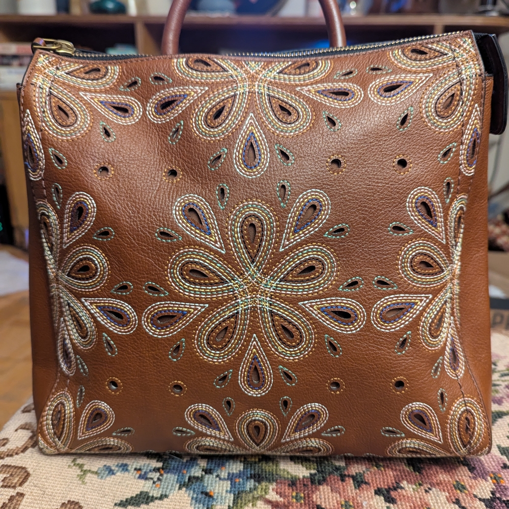 Fossil Brown Leather Embroidered Backpack